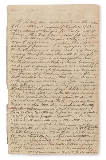 (SLAVERY IN COURT--TENNESSEE.) Lawsuit comprising 17 manuscript documents concerning the case of a young slave named Phebe, about 14 ye